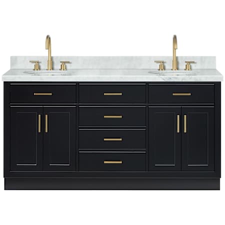 Ariel Hepburn 67" Free Standing Double Oval Basin Vanity Set with Cabinet and Marble Vanity Top Black / Italian Carrara Marble Top / Satin Brass Hardware