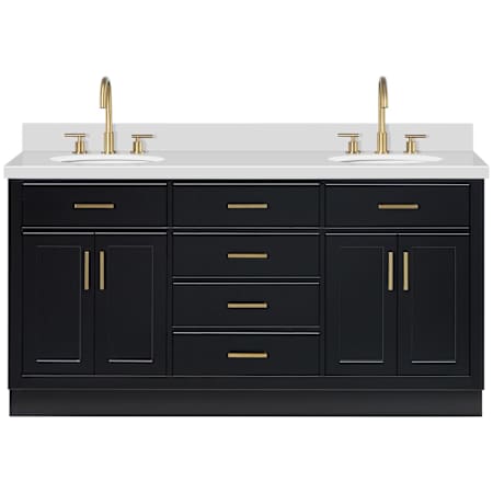 Ariel Hepburn 67" Free Standing Double Oval Basin Vanity Set with Cabinet and Quartz Vanity Top Black / Pure White Quartz Top / Satin Brass Hardware
