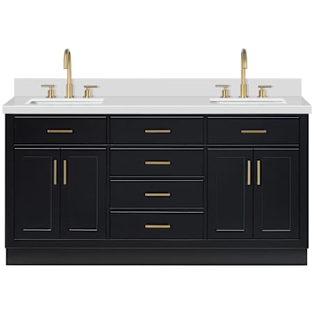 Ariel Hepburn 67" Free Standing Double Basin Vanity Set with Cabinet and Quartz Vanity Top Black / Pure White Quartz / Satin Brass