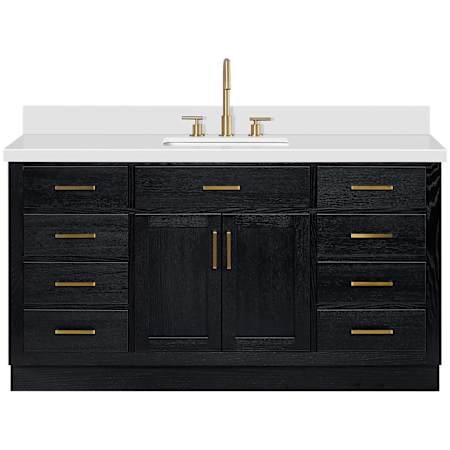 Ariel Hepburn 67" Free Standing Single Basin Vanity Set with Cabinet and Quartz Vanity Top Black Oak / Pure White Quartz / Satin Brass Hardware