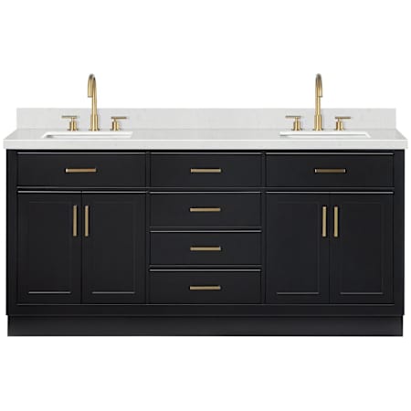 Ariel Hepburn 72" Free Standing Double Basin Vanity Set with Cabinet and Quartz Vanity Top Black / Carrara White Quartz Top / Satin Brass Hardware