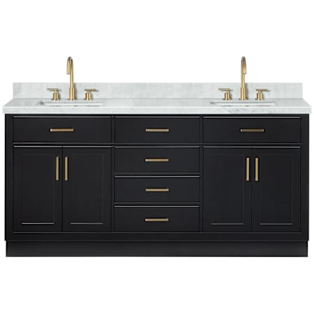 Ariel Hepburn 73" Free Standing Double Basin Vanity Set with Cabinet and Marble Vanity Top Black / Italian Carrara Marble / Satin Brass
