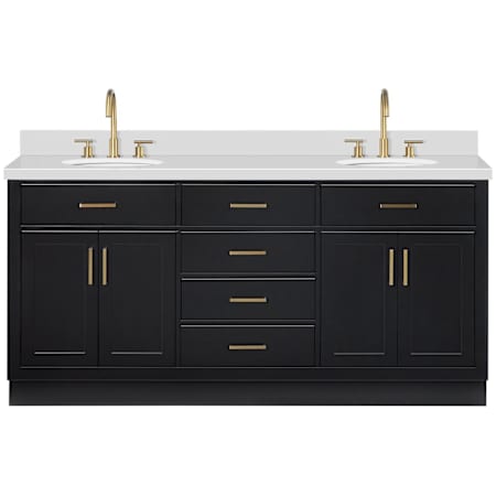 Ariel Hepburn 73" Free Standing Double Oval Basin Vanity Set with Cabinet and Quartz Vanity Top Black / Pure White Quartz Top / Satin Brass Hardware