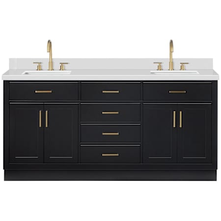 Ariel Hepburn 73" Free Standing Double Basin Vanity Set with Cabinet and Quartz Vanity Top Black / Pure White Quartz / Satin Brass