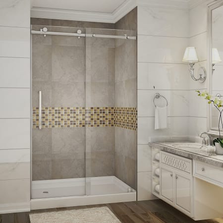 Aston Moselle 48" x 77.5" Frameless Sliding Shower Door with Base- Left Drain Chrome