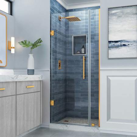 Aston Belmore 72" High x 35" Wide Hinged Frameless Shower Door with 29" Door Width and Clear Glass Brushed Gold