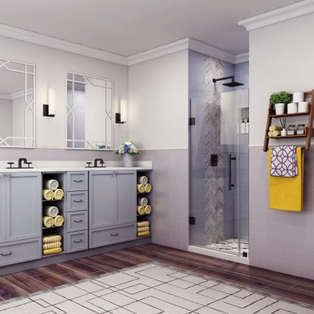 Aston Belmore 72" High x 34" Wide Hinged Frameless Shower Door with 28" Door Width and Clear Glass Matte Black