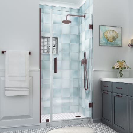 Aston Belmore XL 80" High x 35" Wide Hinged Frameless Shower Door with Clear Glass Bronze