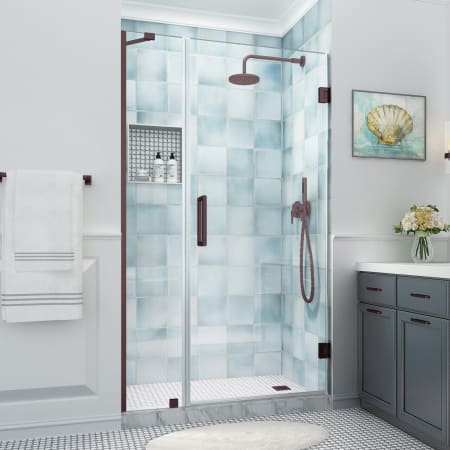 Aston Belmore XL 80" High x 48" Wide Hinged Frameless Shower Door with Clear Glass Bronze
