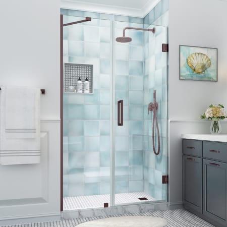 Aston Belmore XL 80" High x 53" Wide Hinged Frameless Shower Door with Clear Glass Bronze
