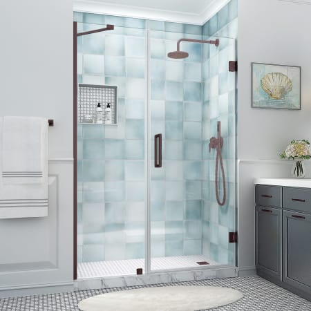 Aston Belmore XL 80" High x 56" Wide Hinged Frameless Shower Door with Clear Glass Bronze