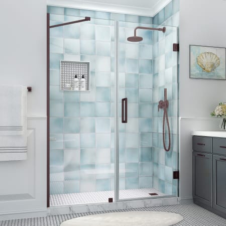 Aston Belmore XL 80" High x 66" Wide Hinged Frameless Shower Door with Clear Glass Bronze