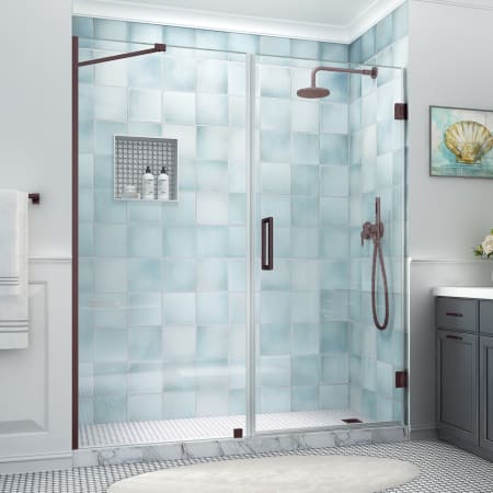 Aston Belmore XL 80" High x 72" Wide Hinged Frameless Shower Door with Clear Glass Bronze