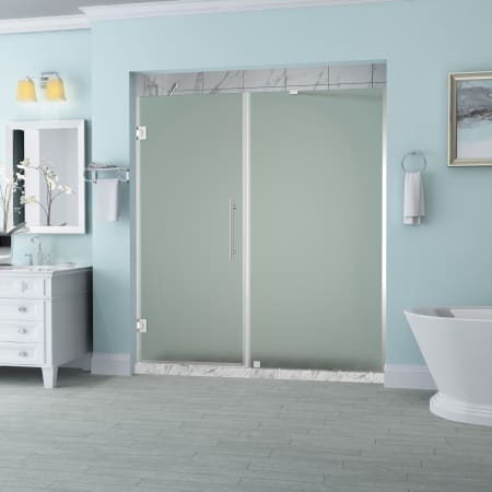Aston Belmore 72" High x 60" Wide Hinged Frameless Shower Door with 28" Door Width and Frosted Glass Chrome