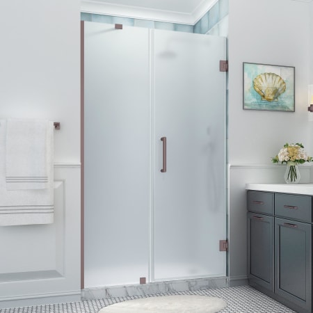 Aston Belmore XL 80" High x 53" Wide Hinged Frameless Shower Door with Frosted Glass Bronze