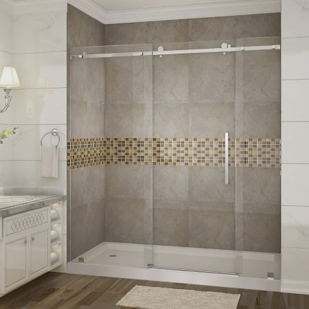 Aston Moselle 72" Wide x 77-1/2" High Frameless Sliding Shower Door with Clear Glass and Left Hand Drain Chrome
