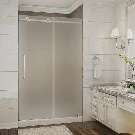 Aston Moselle 48" Wide x 77-1/2" High Frameless Sliding Shower Door with Frosted Glass and Center Drain Chrome