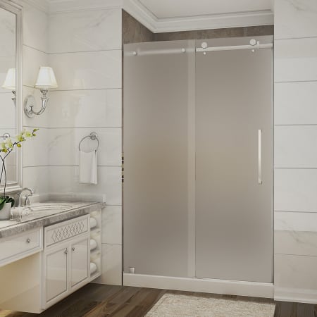 Aston Moselle 48" Wide x 77-1/2" High Frameless Sliding Shower Door with Frosted Glass and Right Hand Drain Chrome