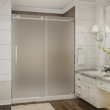 Aston Moselle 60" Wide x 77-1/2" High Frameless Sliding Shower Door with Frosted Glass and Center Drain Chrome