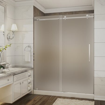 Aston Moselle 60" Wide x 77-1/2" High Frameless Sliding Shower Door with Frosted Glass and Right Hand Drain Chrome