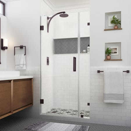 Aston Nautis XL 80" High x 31" Wide Hinged Frameless Shower Door with Clear Glass Bronze