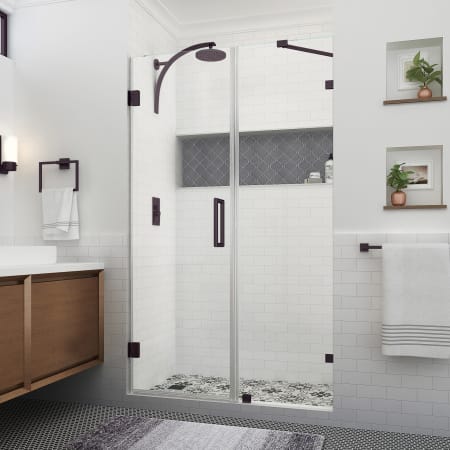 Aston Nautis XL 80" High x 51" Wide Hinged Frameless Shower Door with Clear Glass Bronze