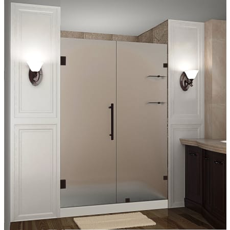 Aston Nautis GS 74" Wide x 72" High Frameless Hinged Shower Door with Frosted Glass and Glass Shelves Bronze