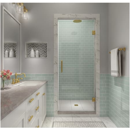 Aston Kinkade XL 80" High x 28" Wide Hinged Frameless Shower Door with Clear Glass Brushed Gold