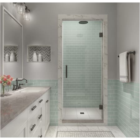 Aston Kinkade XL 80" High x 35-1/2" Wide Hinged Frameless Shower Door with Clear Glass Bronze