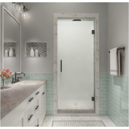 Aston Kinkade XL 80" High x 26-1/2" Wide Hinged Frameless Shower Door with Frosted Glass Bronze
