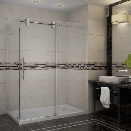 Aston 60" x 35" Frameless Shower Enclosure with 3/8" Glass and Right Drain Shower Base Chrome
