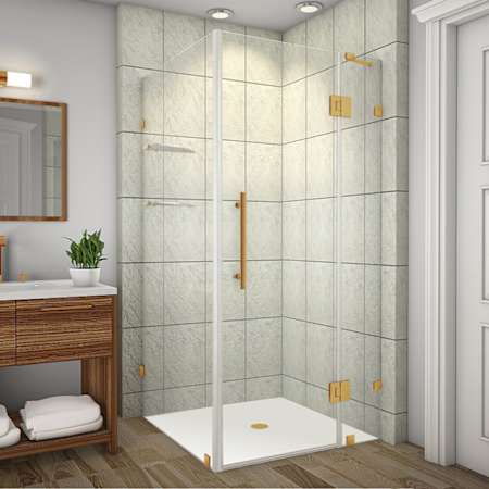 Aston 72" High x 38" Wide x 38" Deep Hinged Frameless Shower Enclosure with Clear Glass and a Two Tiered Shelving System Brushed Gold