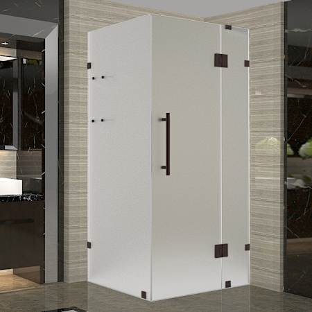 Aston 72" High x 33" Wide x 38" Deep Hinged Frameless Shower Enclosure with Frosted Glass and a Two Tiered Shelving System Bronze