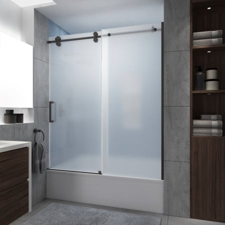 Aston Langham XL 70" High x 60" Wide Sliding Frameless Tub Door with Frosted Glass Bronze