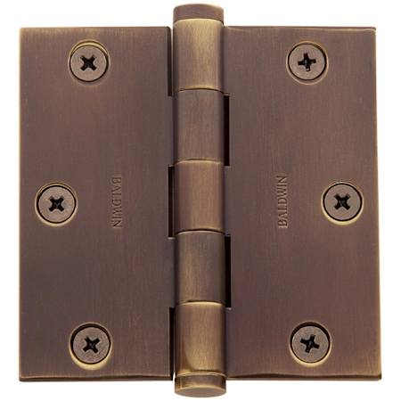Baldwin 3-1/2" Wide Plain Bearing Square Corner Mortise Door Hinge from the Estate Collection - Single Hinge Aged Brass