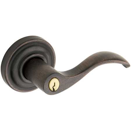 Baldwin Wave Style Right Hand Keyed Entry Door Lever Set with Classic Rosette the Emergency Exit Function Distressed Oil Rubbed Bronze
