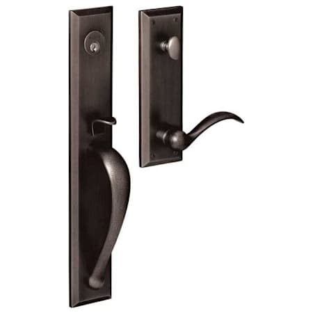 Baldwin Cody Style Full Escutcheon Single Cylinder Right Handed Handleset with Wave Style Interior Lever Distressed Oil Rubbed Bronze