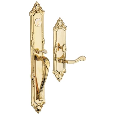 Baldwin Kensington Right Handed Full Plate Single Cylinder Keyed Entry Mortise Handleset Trim with 5108 Interior Lever from the Estate Collection Lifetime Polished Brass