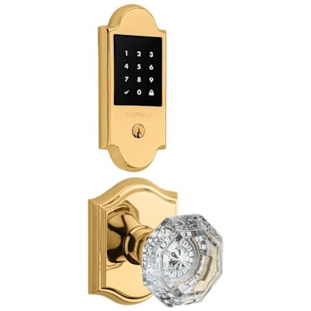 Baldwin Boulder Touchscreen Electronic Deadbolt and Crystal Passage Knob Set with Arch Rose Lifetime Polished Brass