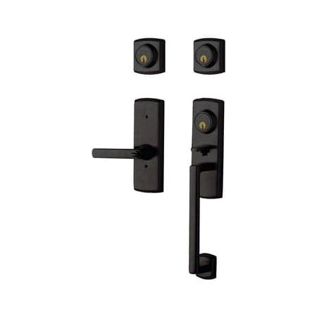 Baldwin Soho Double Cylinder Two Point Handleset with a Right Handed Soho Interior Lever Distressed Oil Rubbed Bronze
