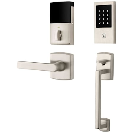 Baldwin Soho Left Handed Sectional Electronic Keyless Entry Handleset with 5485V Interior Lever from the Estate Collection Lifetime Satin Nickel