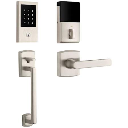 Baldwin Soho Right Handed Sectional Electronic Keyless Entry Handleset with 5485V Interior Lever from the Estate Collection Lifetime Satin Nickel