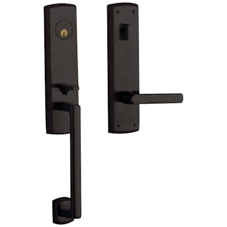 Baldwin Soho Right Handed One Piece Single Cylinder Keyed Entry Handleset with 5485V Interior Lever from the Estate Collection Distressed Oil Rubbed Bronze