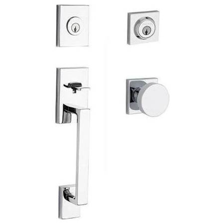 Baldwin La Jolla SmartKey Double Cylinder Keyed Entry Handleset with Modern Knob and Modern Square Interior Trim from the Reserve Collection Polished Chrome