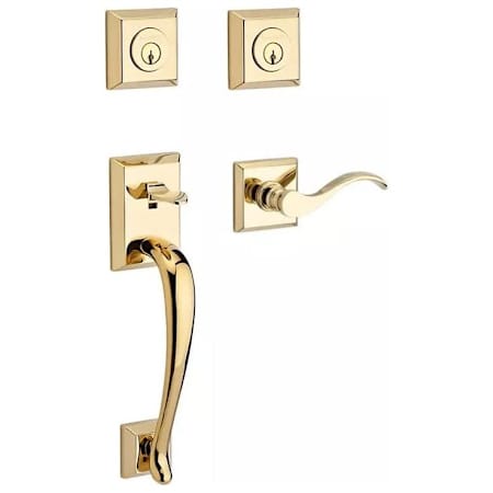 Baldwin Napa Left Handed SmartKey Double Cylinder Keyed Entry Handleset with Traditional Square Rose and Curve Lever on Interior Lifetime Polished Brass