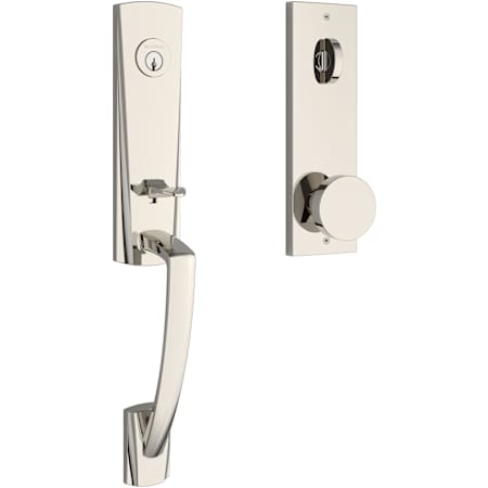Baldwin Miami One Piece Single Cylinder Keyed Entry Handleset with Interior Contemporary Knob and Emergency Egress Function Lifetime Polished Nickel