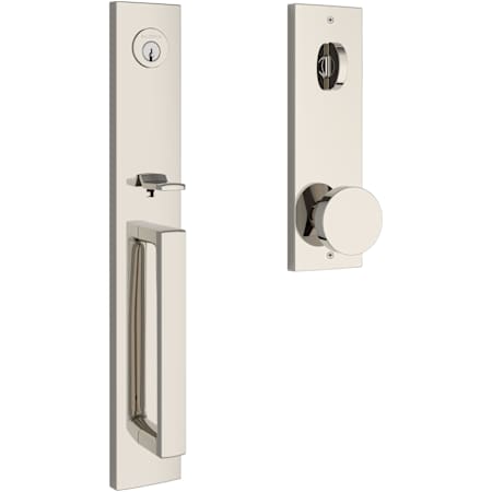 Baldwin Santa Cruz Full Plate Single Cylinder Keyed Entry Handleset with Interior Contemporary Knob and Emergency Egress Function for Thick Doors Lifetime Polished Nickel