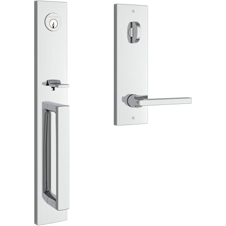 Baldwin Santa Cruz Full Plate Single Cylinder Keyed Entry Handleset with Reversible Interior Square Lever and Emergency Egress Function - SmartKey Polished Chrome