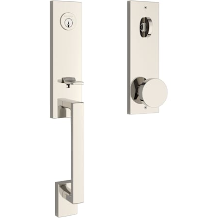 Baldwin Seattle One Piece Single Cylinder Keyed Entry Handleset with Interior Contemporary Knob and Emergency Egress Function Lifetime Polished Nickel