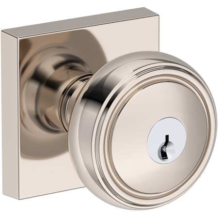 Baldwin Bremerton Single Cylinder Keyed Entry Door Knob Set with Contemporary Square Rose from the Reserve Collection Lifetime Polished Nickel